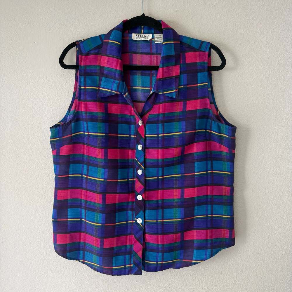 Rare 1980s Vintage Selene Sport Multicolor Plaid Button Up Sleeveless Top